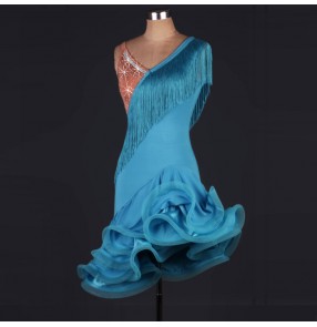 Turquoise sky blue rhinestones flesh patchwork backless competition performance professional latin ballroom dance dresses